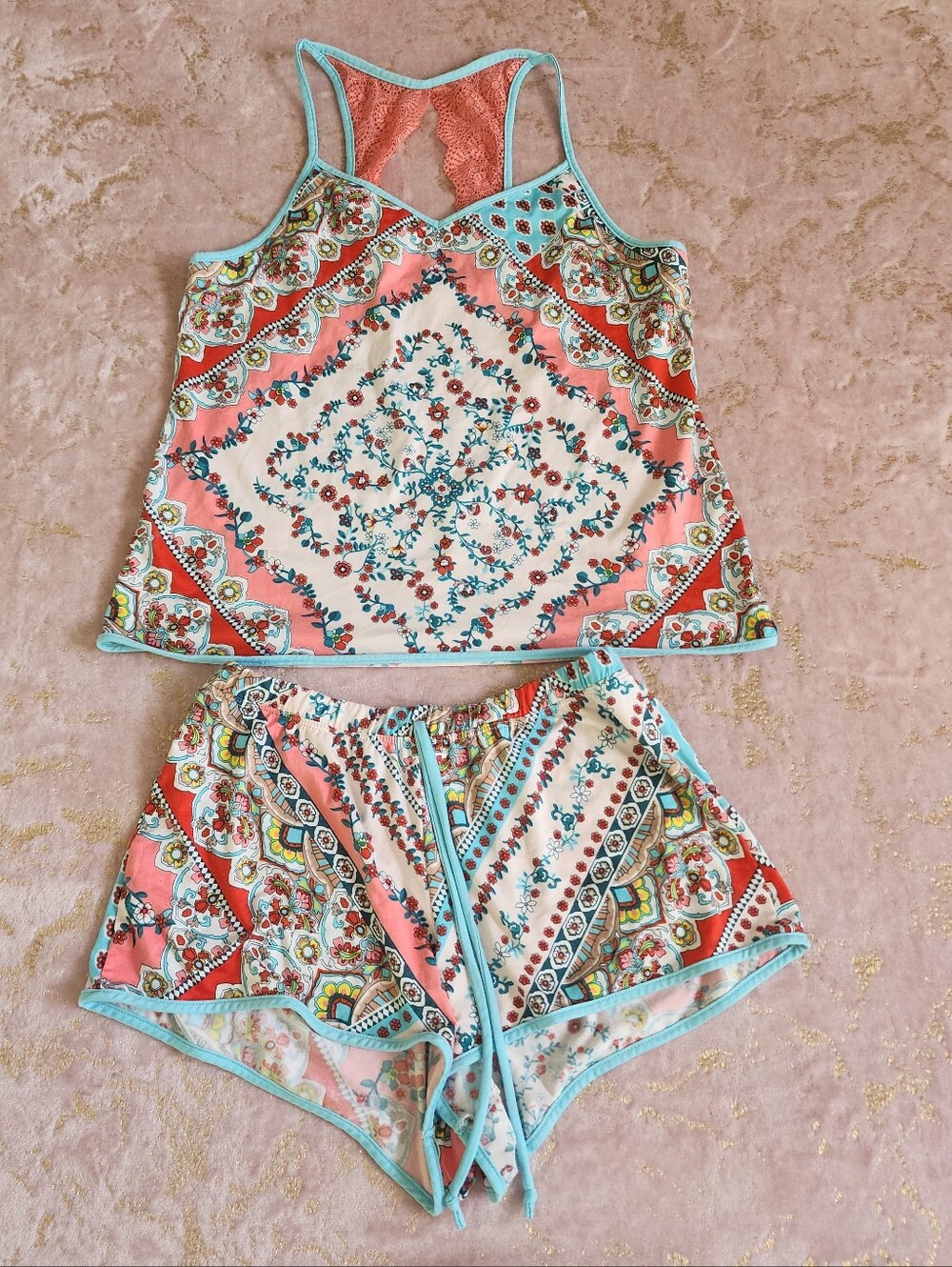 UNBRANDED | Floral Paisley Print Sleep Tank & Short Set - Coral/Teal